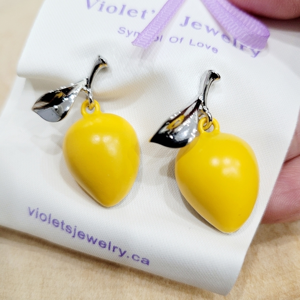 Brand New Silver Tone Yellow Mango Rhinestone Stud Earrings